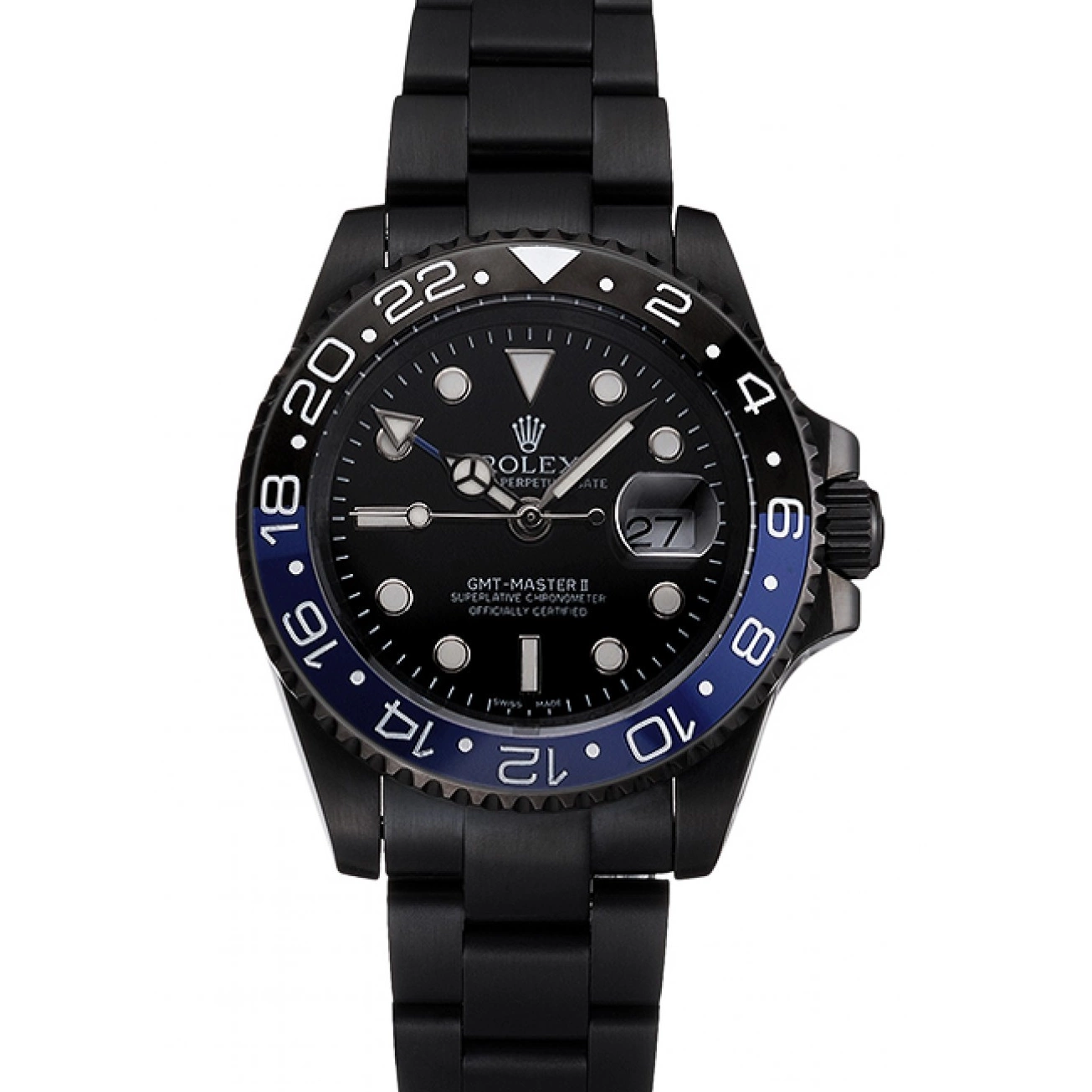 Aaa replica Case Bezel Dial Black And GMT Black Blue Swiss II Master Bracelet Black PVD Rolex And 0822